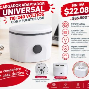 CARGADOR, ADAPTADOR UNIVERSAL 110/240 VOLTIOS CON 2 PUERTOS USB
