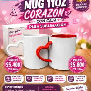 MUG CERAMICA 11OZ OREJA CORAZON ROJO SUBLIMACION CON CAJA INDIVIDUAL