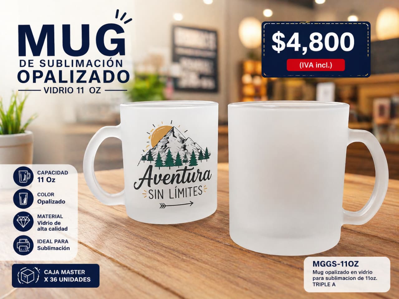 MUG DE SUBLIMACION OPALIZADO VIDRIO 11OZ